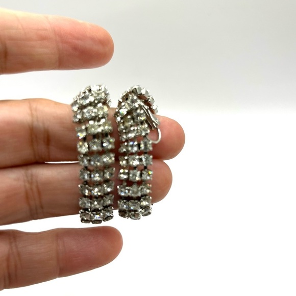 Rhinestone Hoop Earrings Linked 2” 3 Row Evening Elegant Earrings Vintage - Picture 9 of 12